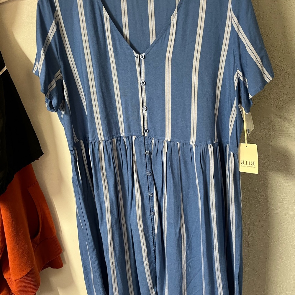 a.n.a Blue and White Striped V-Neck Dress